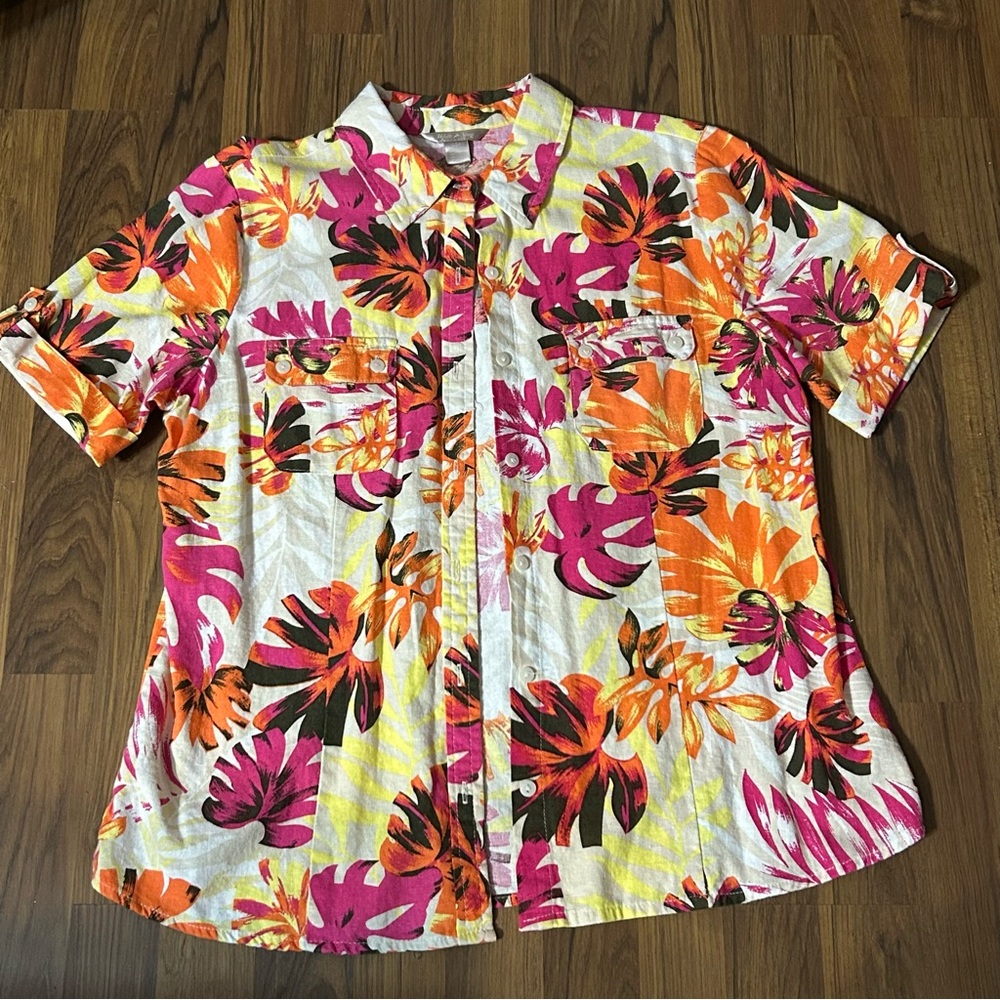 Tropical Linen Blend Top White Stag Button Up Shirt
